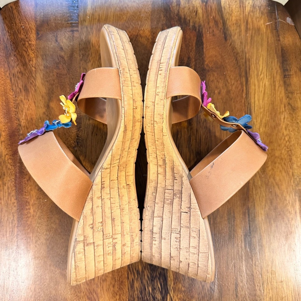 Italian Shoemakers Wedge Sandals Women Tan Floral Rhinestone Cork Slide 8.5 - Picture 6 of 8